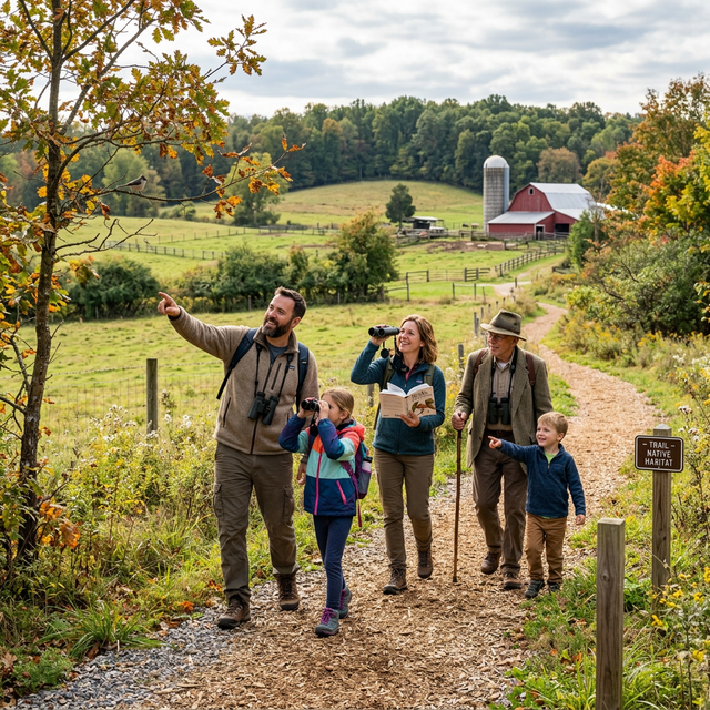 A family walking a well-maintained nature trail on a rural farm, wearing binoculars and identifying native bird species