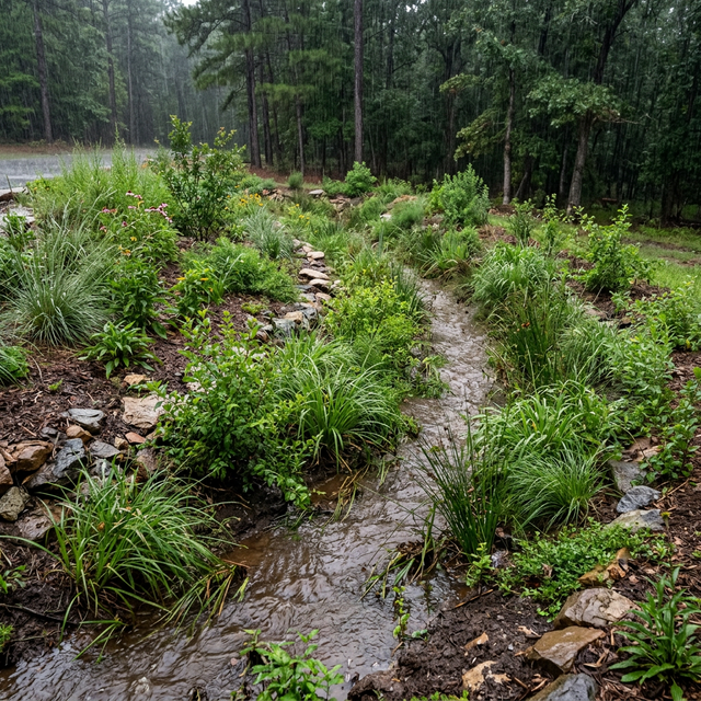 A newly constructed, heavily vegetated swale actively slowing and sinking water into the soil during a heavy rainstorm