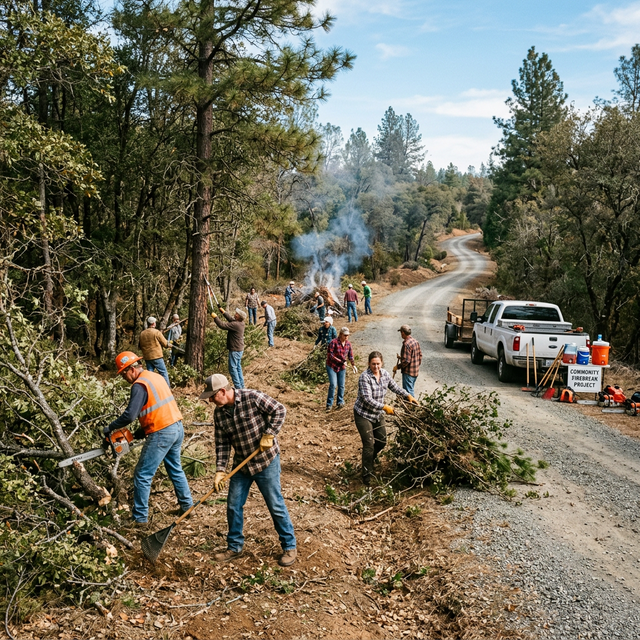 Rural neighbors working together to clear brush and limb up trees along a shared gravel road to create a firebreak