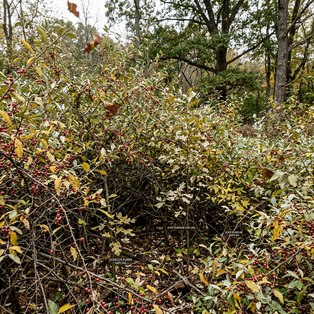 A dense thicket of invasive autumn olive outcompeting native tree saplings in a disturbed woodland