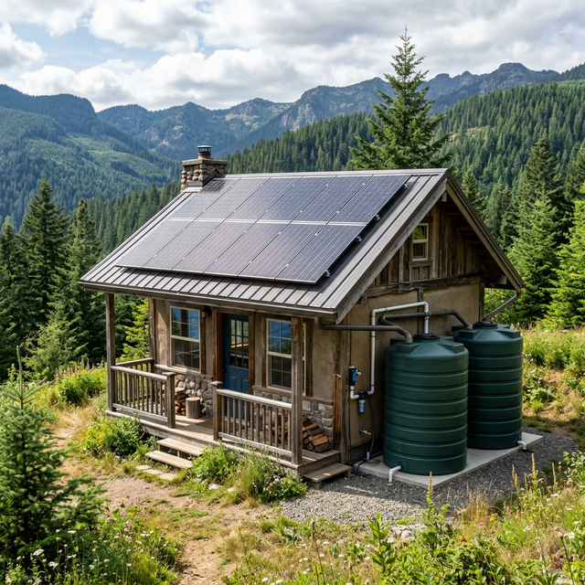 A small off-grid cabin featuring a roof-mounted solar array and two large rainwater catchment cisterns