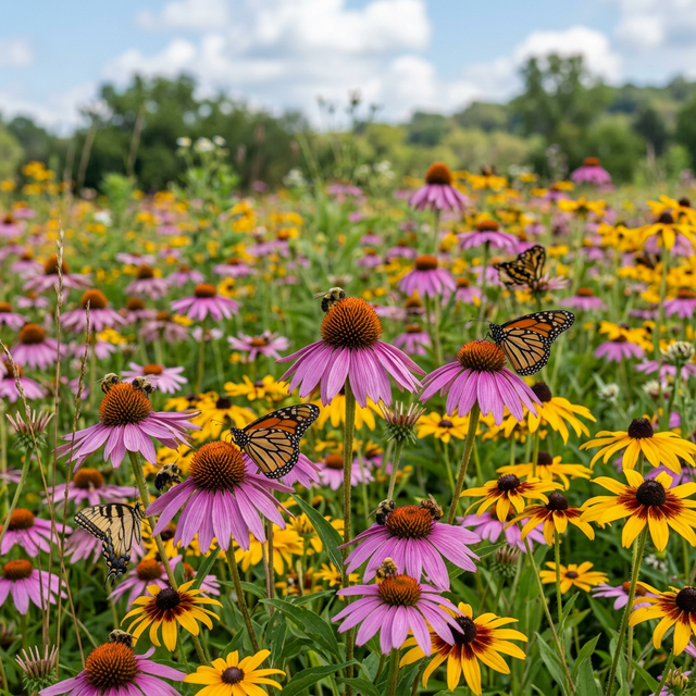 A vibrant field of native purple coneflowers and black-eyed Susans buzzing with bees and butterflies