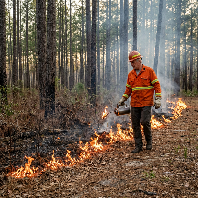 A line of low, controlled fire creeping through a pine forest understory, managed by a landowner with a drip torch