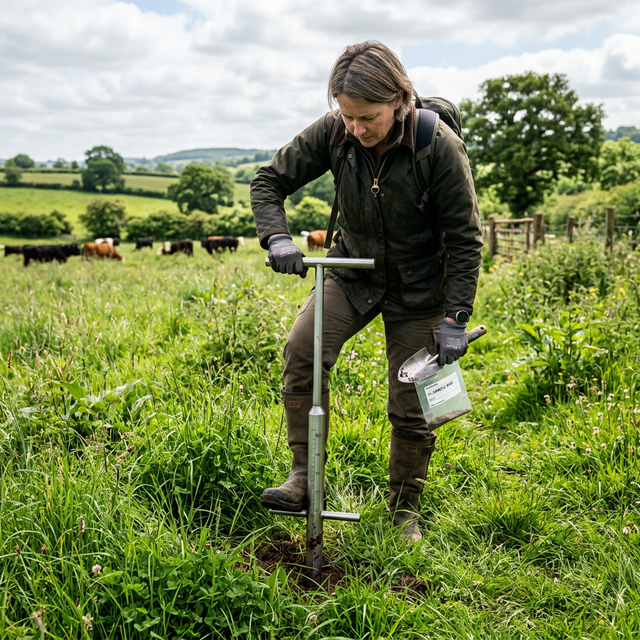 A landowner pushing a metal soil probe into a healthy pasture to collect a core sample for laboratory testing